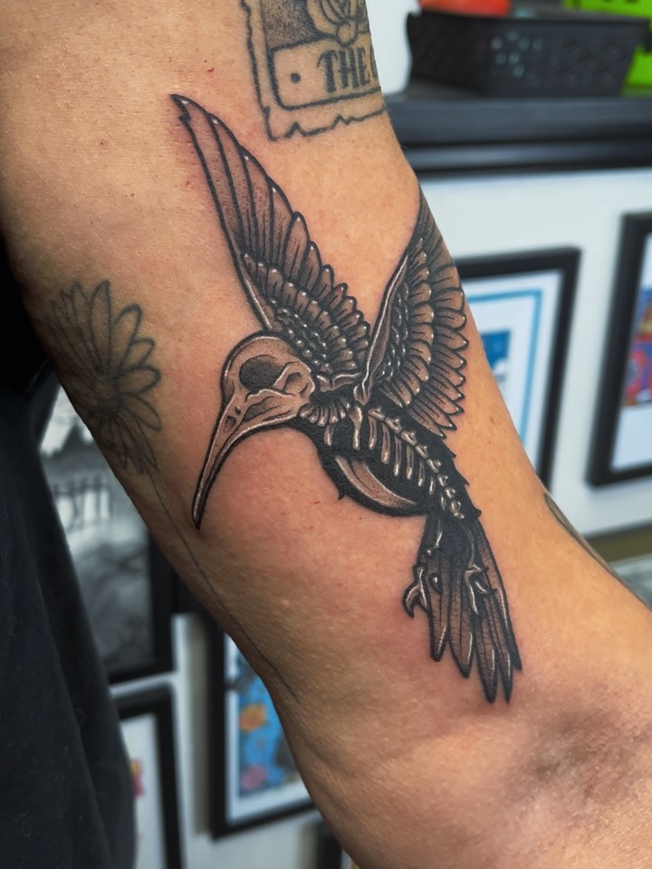 Skeleton hummingbird tattoo alternate angle
